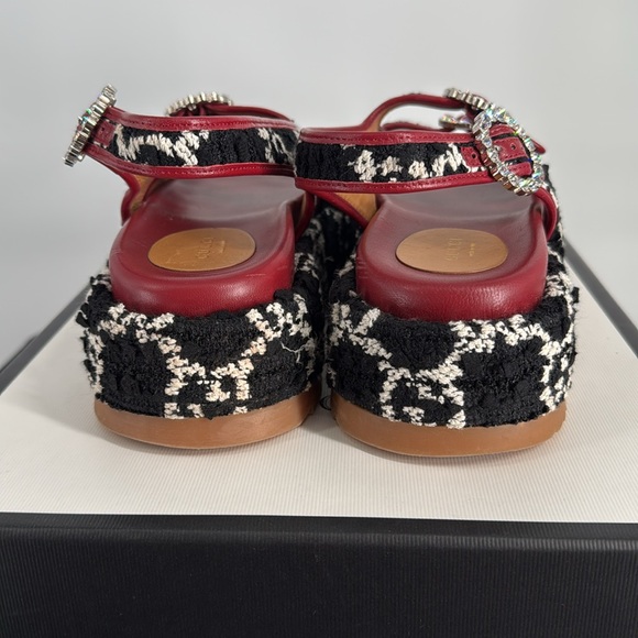 Gucci Black & White Tweed Red Leather Crystal Buckle Platform Sandals SZ 37.5 - Picture 4 of 10
